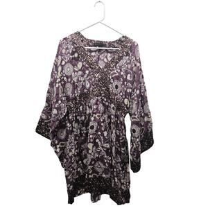 Express 100% Silk Boho Kimono Sleeve Tunic Purple Paisley Y2K Size L